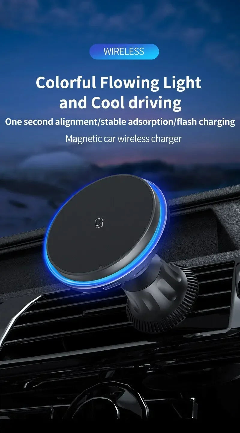 Magnetic Car Wireless Charger RGB For iPhone12 13 14 15 16 17 Pro Max Macsafe Car Phone Holder Stand Mount Fast Charging Station