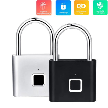 Keyless USB Charging Door Lock Fingerprint Smart Padlock Quickly Unlock Zinc Alloy Metal Self-imaging Chip 10 Fingerprints