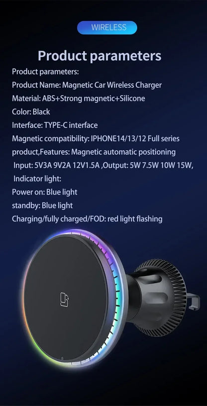 Magnetic Car Wireless Charger RGB For iPhone12 13 14 15 16 17 Pro Max Macsafe Car Phone Holder Stand Mount Fast Charging Station