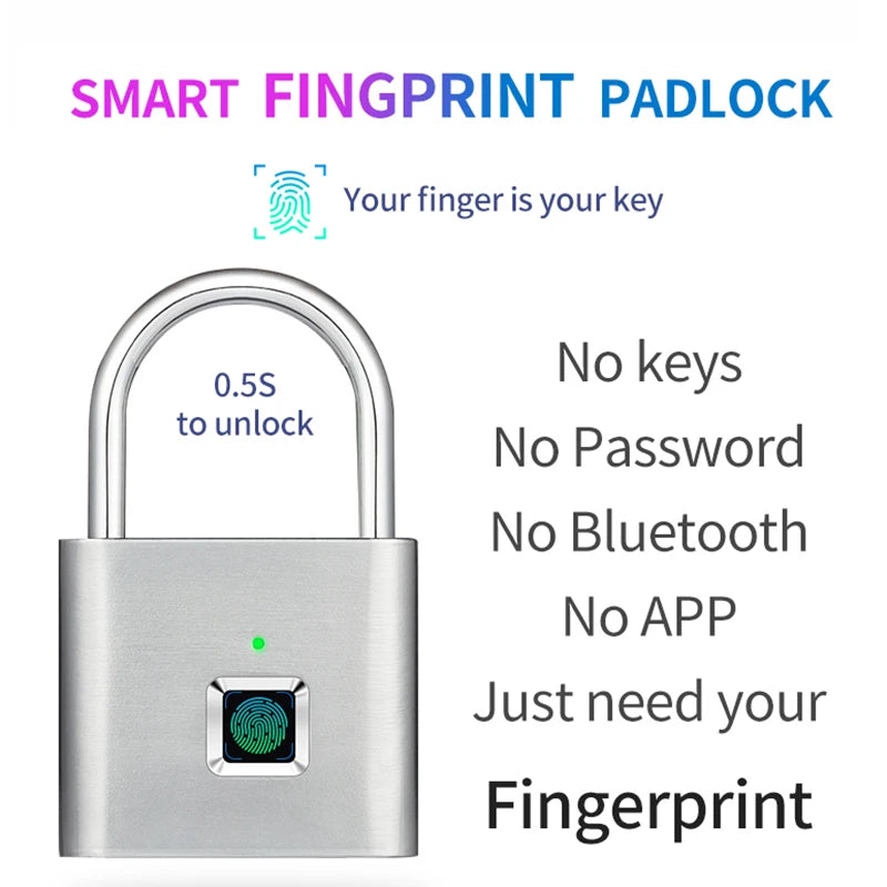 Keyless USB Charging Door Lock Fingerprint Smart Padlock Quickly Unlock Zinc Alloy Metal Self-imaging Chip 10 Fingerprints