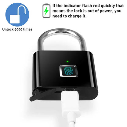 Keyless USB Charging Door Lock Fingerprint Smart Padlock Quickly Unlock Zinc Alloy Metal Self-imaging Chip 10 Fingerprints