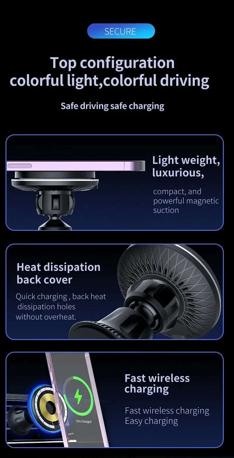 Magnetic Car Wireless Charger RGB For iPhone12 13 14 15 16 17 Pro Max Macsafe Car Phone Holder Stand Mount Fast Charging Station