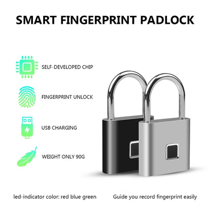 Keyless USB Charging Door Lock Fingerprint Smart Padlock Quickly Unlock Zinc Alloy Metal Self-imaging Chip 10 Fingerprints