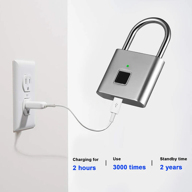 Keyless USB Charging Door Lock Fingerprint Smart Padlock Quickly Unlock Zinc Alloy Metal Self-imaging Chip 10 Fingerprints