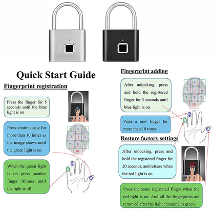 Keyless USB Charging Door Lock Fingerprint Smart Padlock Quickly Unlock Zinc Alloy Metal Self-imaging Chip 10 Fingerprints