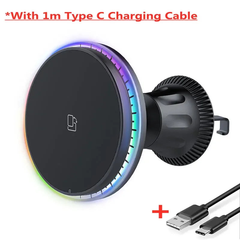 Magnetic Car Wireless Charger RGB For iPhone12 13 14 15 16 17 Pro Max Macsafe Car Phone Holder Stand Mount Fast Charging Station
