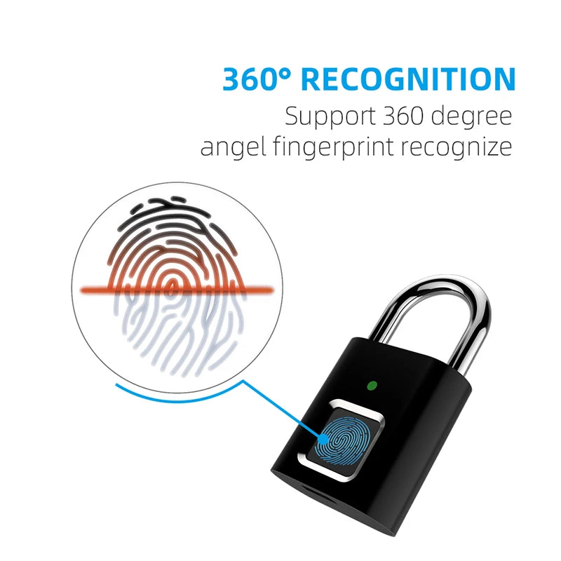 Keyless USB Charging Door Lock Fingerprint Smart Padlock Quickly Unlock Zinc Alloy Metal Self-imaging Chip 10 Fingerprints