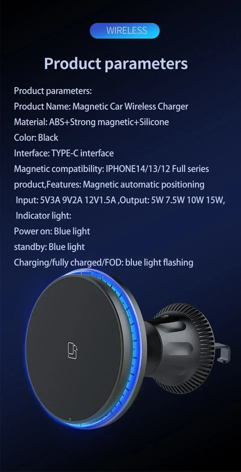 Magnetic Car Wireless Charger RGB For iPhone12 13 14 15 16 17 Pro Max Macsafe Car Phone Holder Stand Mount Fast Charging Station